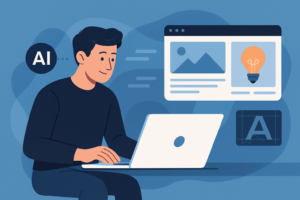 Ilustración digital horizontal de un diseñador web trabajando en su laptop, rodeado de elementos creativos generados por IA como wireframes, íconos y gráficos, representando cómo la inteligencia artificial transforma el diseño web.