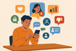 Ilustración digital horizontal de un hombre analizando ROI en su laptop, rodeado de gráficos de barras, pastel y líneas ascendentes que representan resultados de marketing digital.