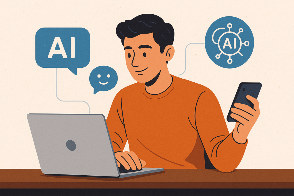 Ilustración digital horizontal de un joven trabajando con laptop y smartphone, rodeado de íconos relacionados con inteligencia artificial, representando la integración de ChatGPT y otras IAs en estrategias de marketing.