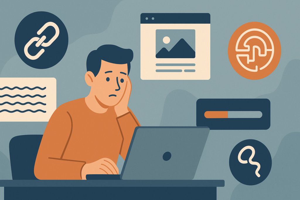 Ilustración digital horizontal de un diseñador web preocupado frente a su laptop, rodeado de íconos que representan errores de diseño web como enlaces rotos, imágenes pesadas, bloques de texto desordenados, navegación confusa y carga lenta, mostrando cómo afectan al SEO.