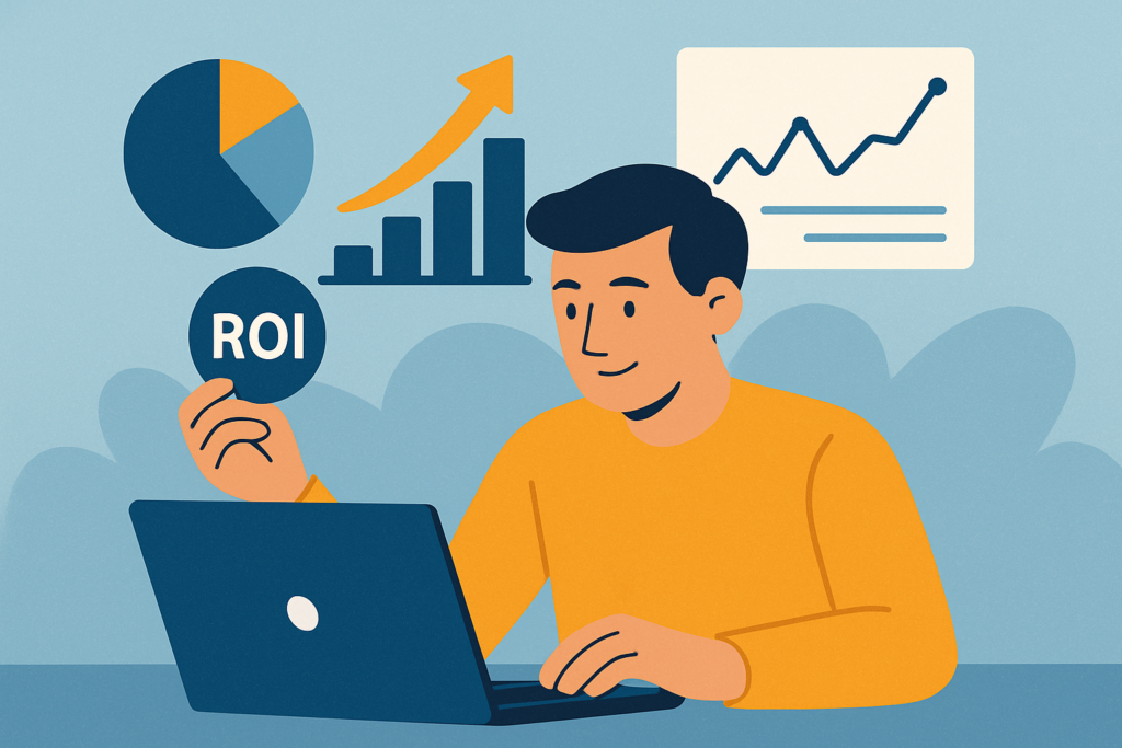 Ilustración digital horizontal de un hombre analizando ROI en su laptop, rodeado de gráficos de barras, pastel y líneas ascendentes que representan resultados de marketing digital.