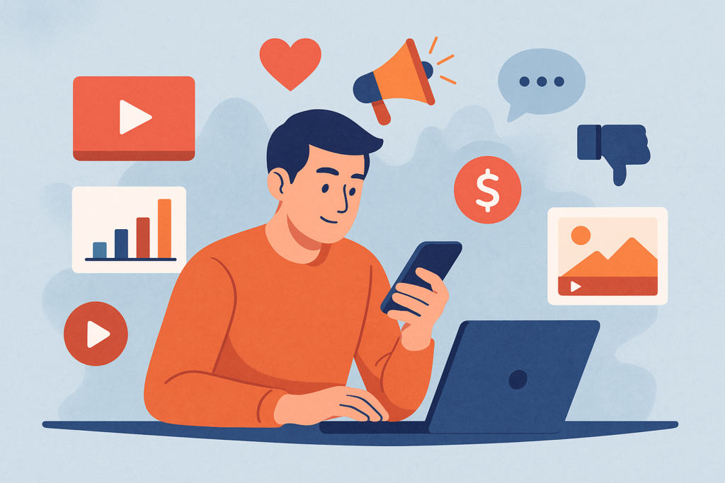 Ilustración digital horizontal de un joven usando su celular y laptop, rodeado de íconos de marketing digital como gráficos, videos, interacciones y anuncios, representando las tendencias actuales de 2025.