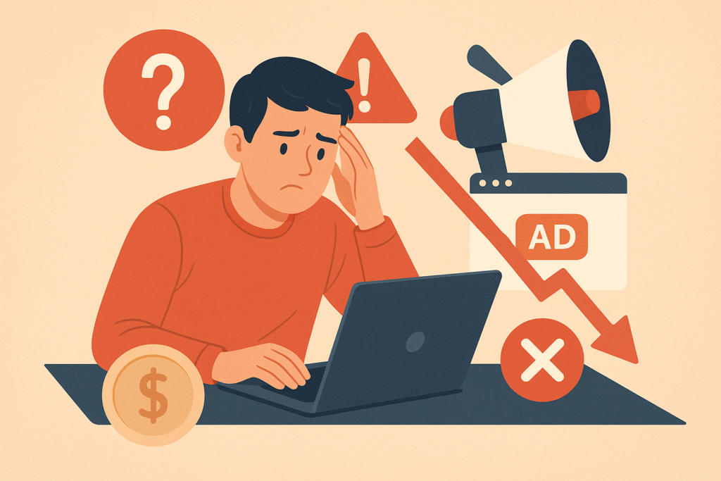 Ilustración digital horizontal de un hombre preocupado frente a su laptop, rodeado de símbolos de campañas digitales fallidas como un megáfono, una flecha descendente, un signo de interrogación y un ícono de dinero, representando los errores de pauta que frenan resultados.