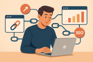 Ilustración digital horizontal de un hombre trabajando en su laptop, rodeado de íconos de enlaces y gráficos conectados, representando la estrategia de backlinks y SEO en 2025.