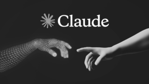 two hands one from a robot and the other one from a person. In the middle Claude logo